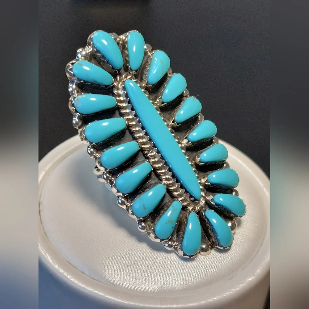 Vintage Navajo Sterling Turquoise Cluster Ring Davina Benally Size 8 - Picture 4 of 9